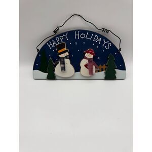 Snowman Wall Sculpture 8x12" Happy Holidays Man Woman Fence Trees Wood Wire